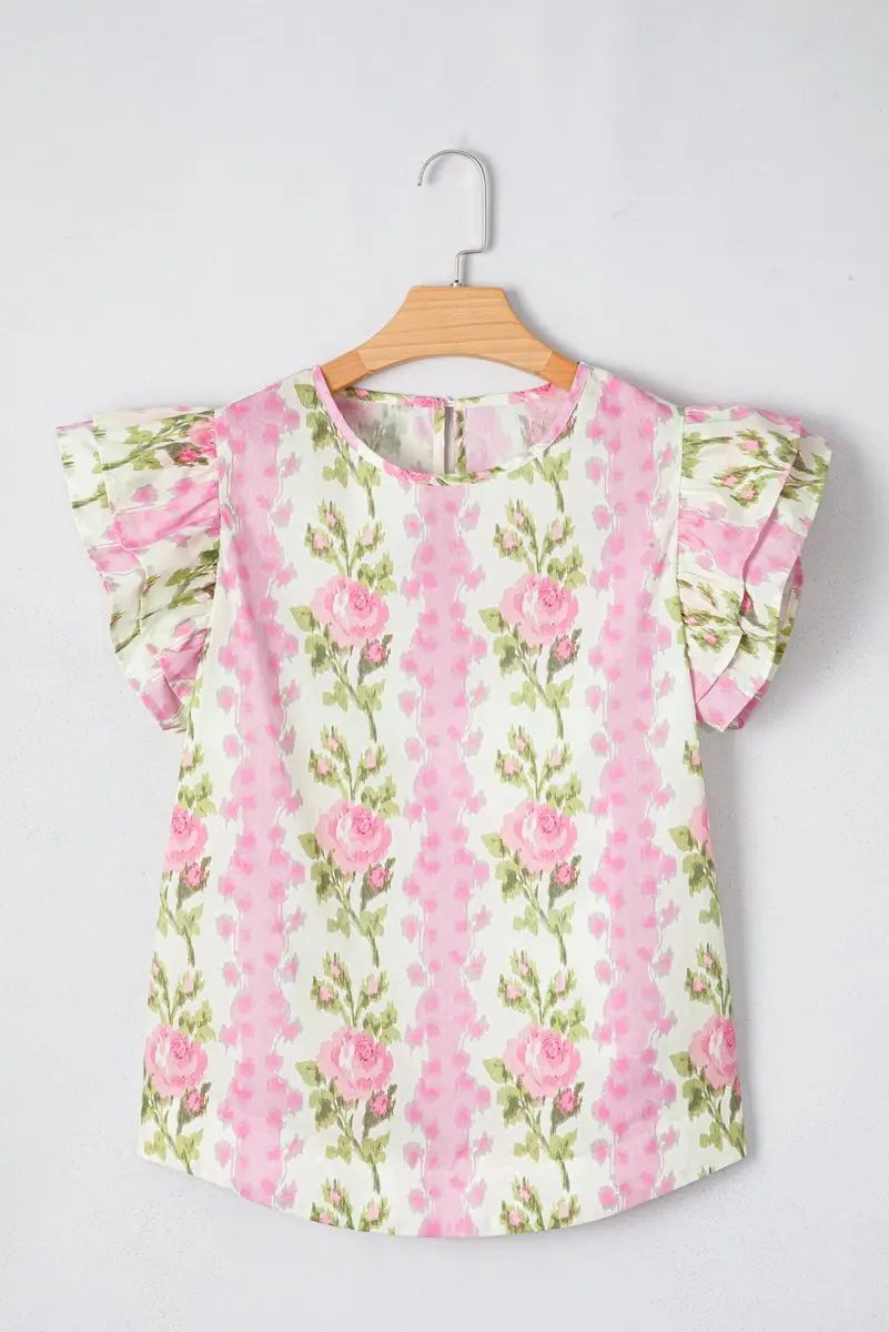 Pink Floral Print Ruffled Sleeve Summer Top for Women - Love Salve